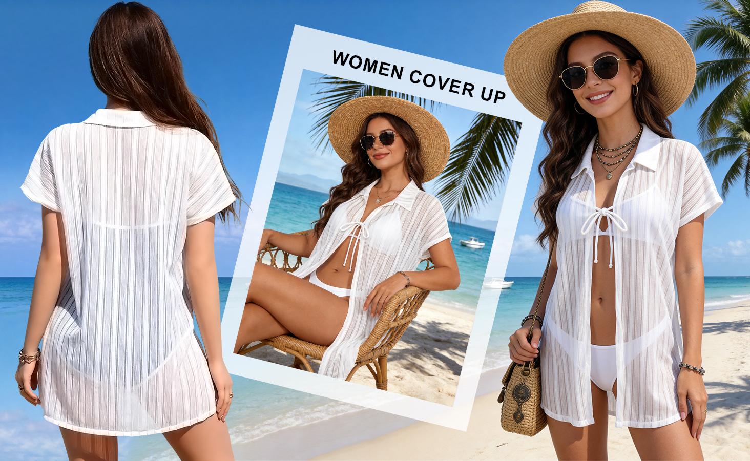B2LOVER Women Swimsuit Cover Up Open Front Tie Short Sleeve Shirt Summer Loose Cardigan Causal Blouse Tops Beachwear Top Choice for Swimwear Cover Up