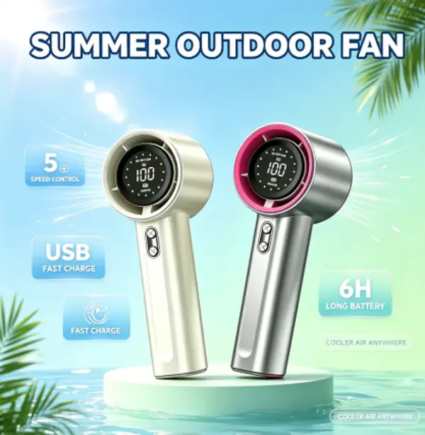Rechargeable Cordless Handheld Mini Fan - Strong Powerful Turbo Portable Fan with Digital Display, Adjustable Speed, USB Protection, Cells for Outdoor Travel, Compact, Stepless