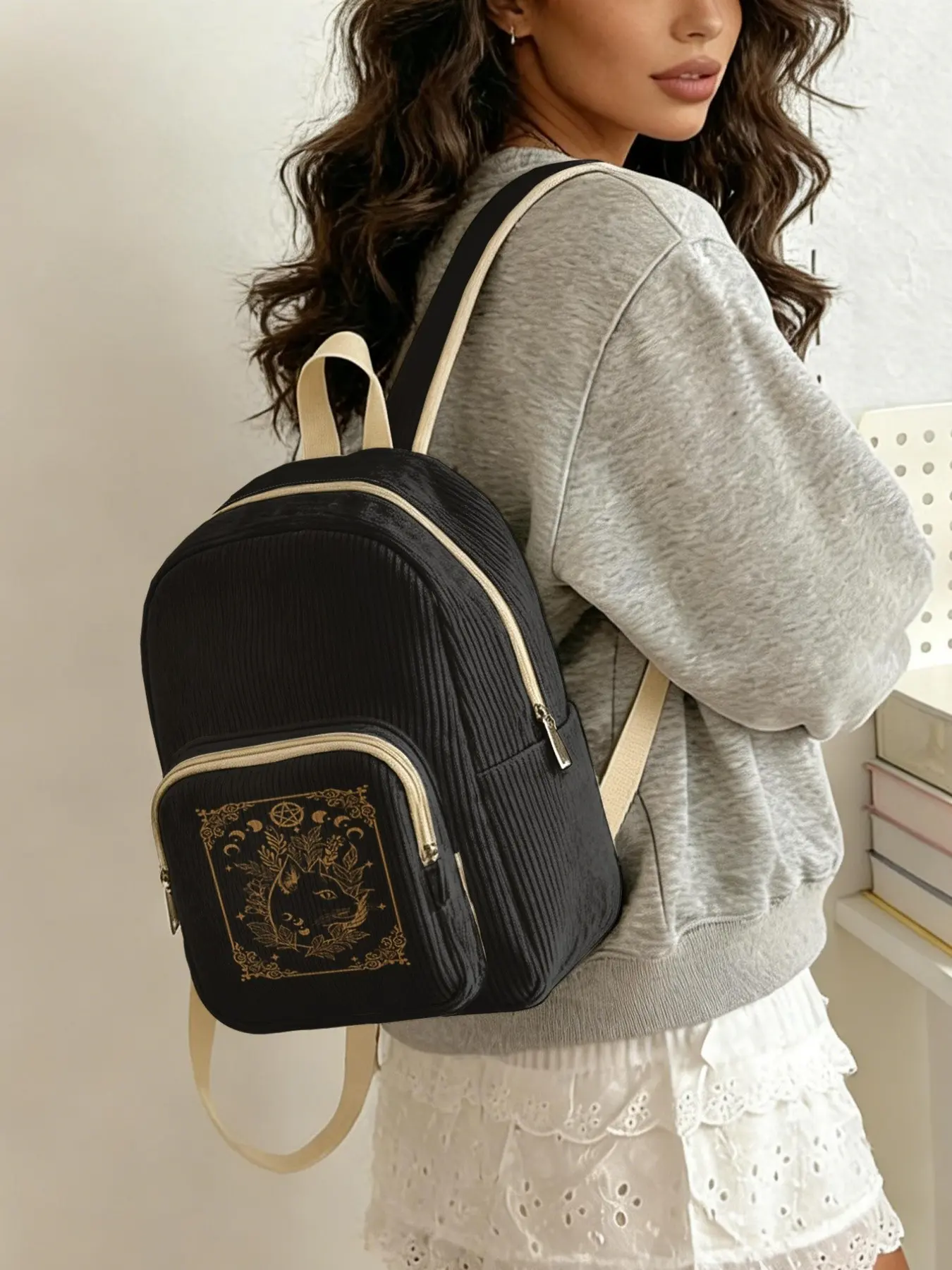 Tiger Pattern Women's Backpack, Corduroy Texture, Layered Storage, Lightweight, Casual Style, Ideal for School, Shopping, Short Trips