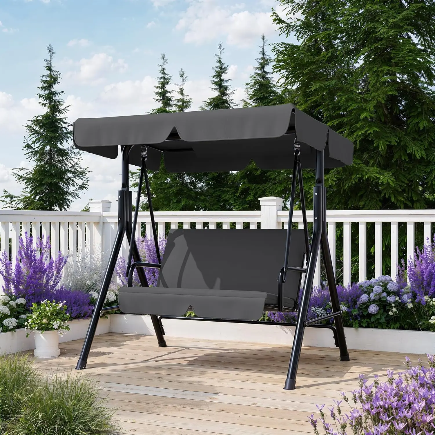 Outdoor Porch Swing with Adjustable Canopy, 3-Seat Patio Swing Chair with Stand, Heavy Duty Outdoor Swing for Adults, Metal Frame Patio Swing for Garden, Backyard & Poolside,Grey