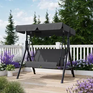 Outdoor Porch Swing with Adjustable Canopy, 3-Seat Patio Swing Chair with Stand, Heavy Duty Outdoor Swing for Adults, Metal Frame Patio Swing for Garden, Backyard & Poolside,Grey