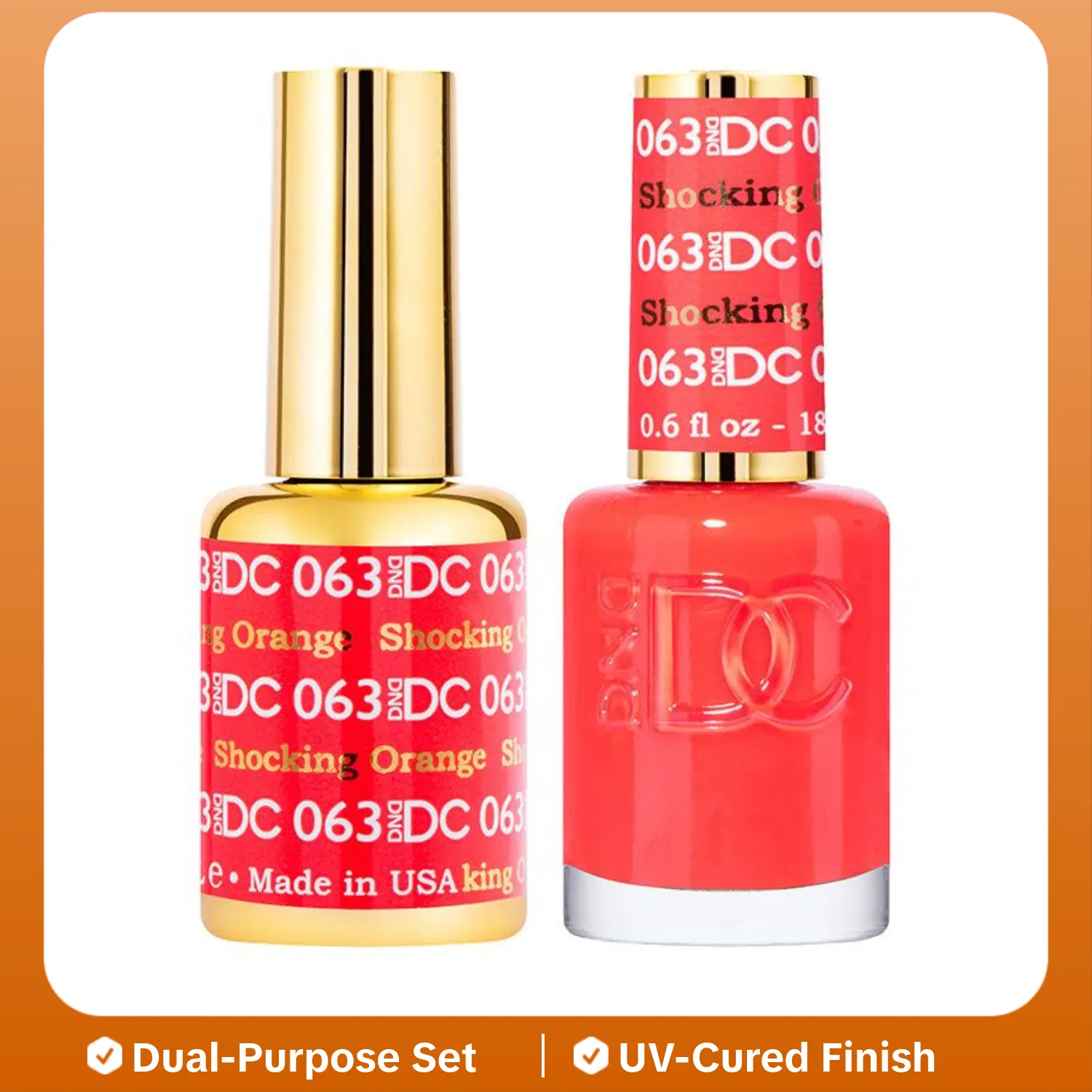 DND DC Duo Gel Polish & Regular Lacquer 2-Bottle Set, #063 Shocking Orange - Long-Lasting Matching Color for Nail Art, Nail Polish, Manicure, Cosmetic, Uv, Regular Polish