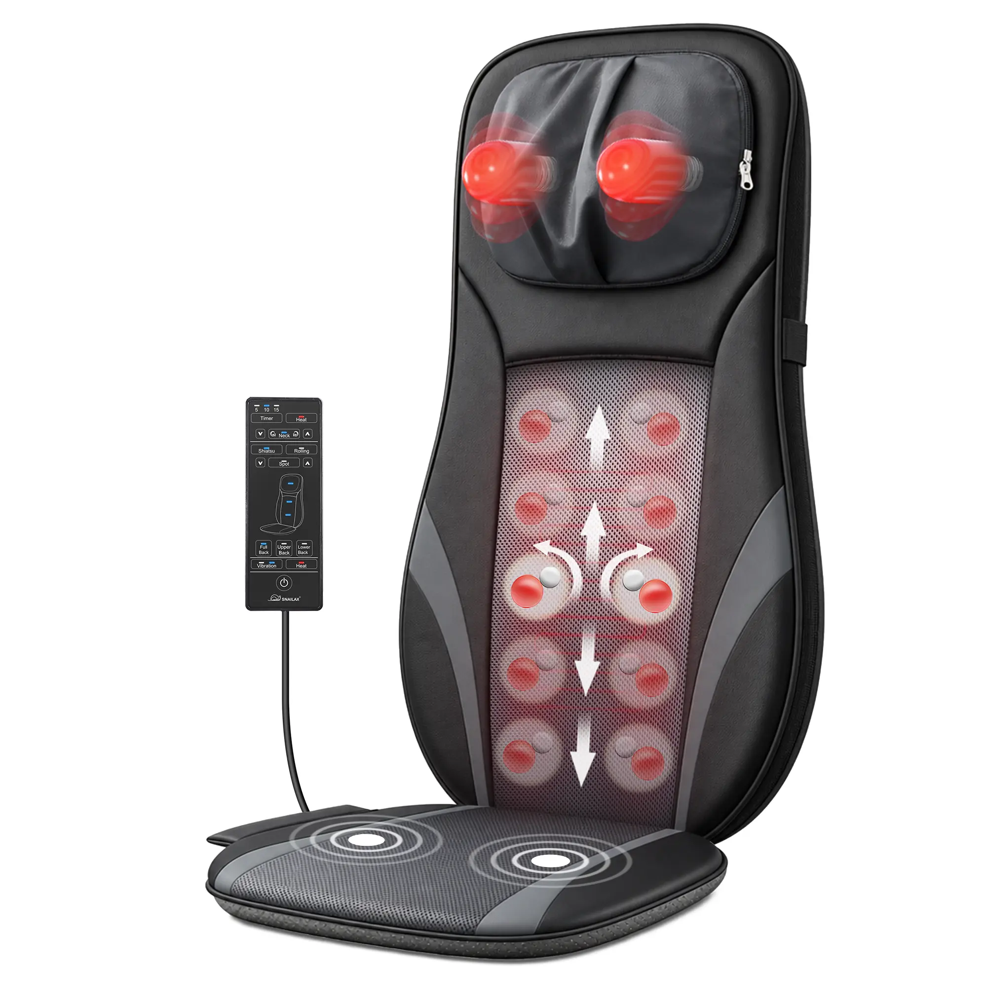 Snailax Heated Shiatsu Back Massager Chair Pad - Deep Kneading for Full Back, Neck, Shoulders, Adjustable Vibration Seat Cushion with Strap, AC Powered, 30-34 In & 63-70.9 In, Blood Flow Control, Circulation Boost, Gift for Husband, Selfcare Muscle Relief