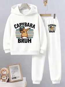 Trendy Capybara Design Kids Hoodie Set, Cartoon Water Buffalo with Sunglasses, Casual Fitted Short Pants, All Seasons Wear