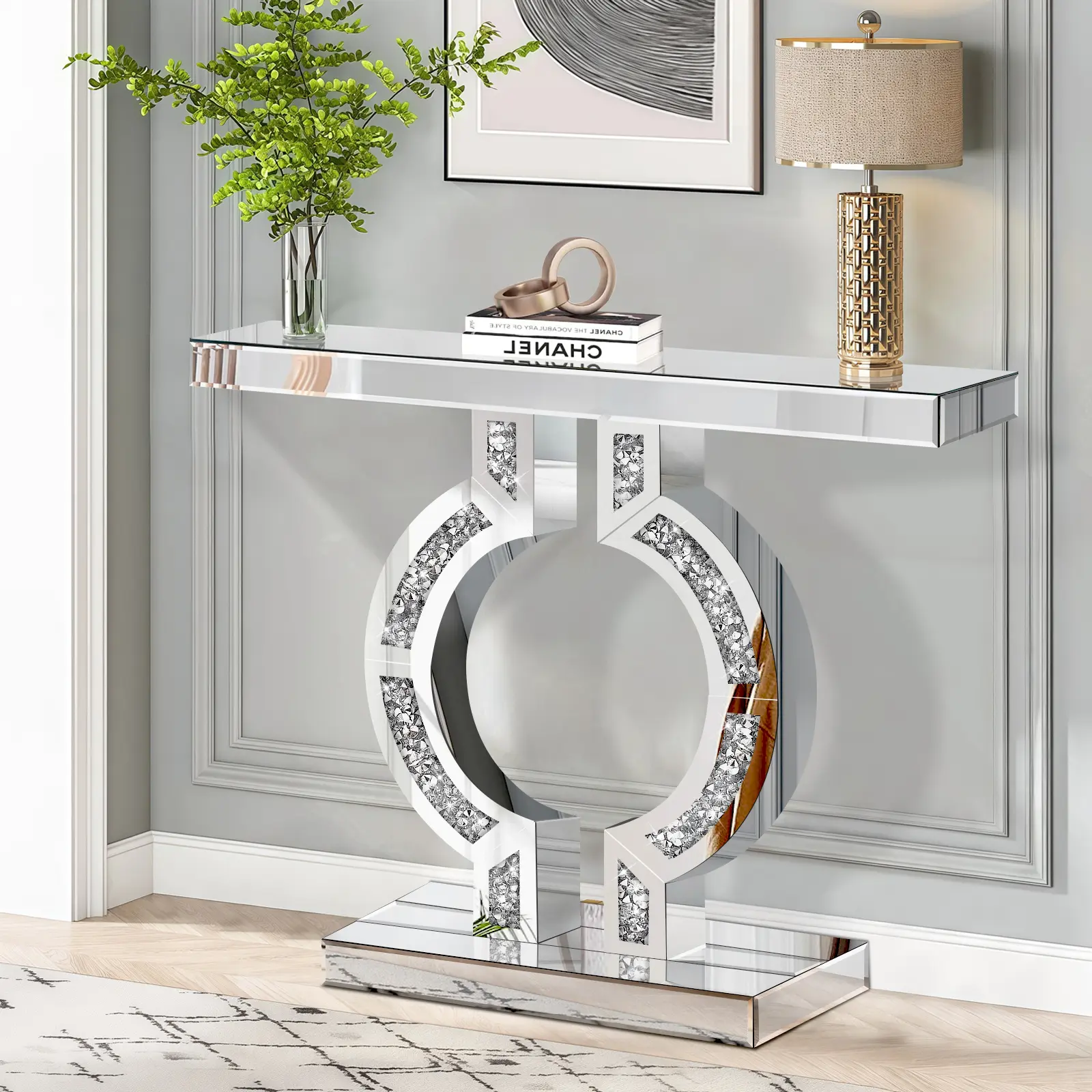 Crushed Tile Mirrored Dresser Table O-Base with Mirror Contemporary Silver Entry Glass Sofa Table for Living Rooms, Office Council Chambers and Hallway Entries Narrow Rectangular Foyer Tables