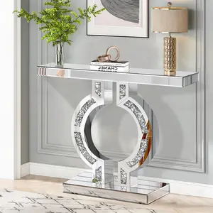 Crushed Tile Mirrored Dresser Table O-Base with Mirror Contemporary Silver Entry Glass Sofa Table for Living Rooms, Office Council Chambers and Hallway Entries Narrow Rectangular Foyer Tables