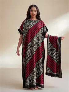 Elegant Long Robe Set, Multicolor Geometric Print Shawl, Moomoo Dress + Headscarf, Boho Style, Beach Sun Protection Silk Scarf