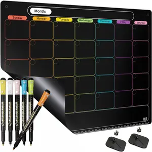 Calendar for Refrigerator Dry Erase Calendar Black Monthly Chalkboard Planning Board 6 Fine Tip Wet Erase Markers & Mounts for Wall