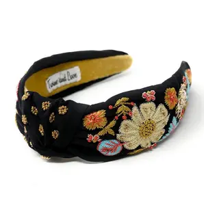 Floral Embroidered Hand Bead Knot Headband, Wide Knot Design with Seed Beads, Handmade Gift for Her
