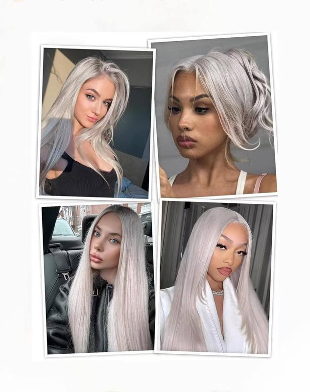 Wear and Go Silver Grey Lace Front Wig 13x4 Silver Synthetic Wig Pre Plucked Small Knots Ready to Wear Long Straight Gray Glueless Wigs For Women Suitable For Daily Party 32inch