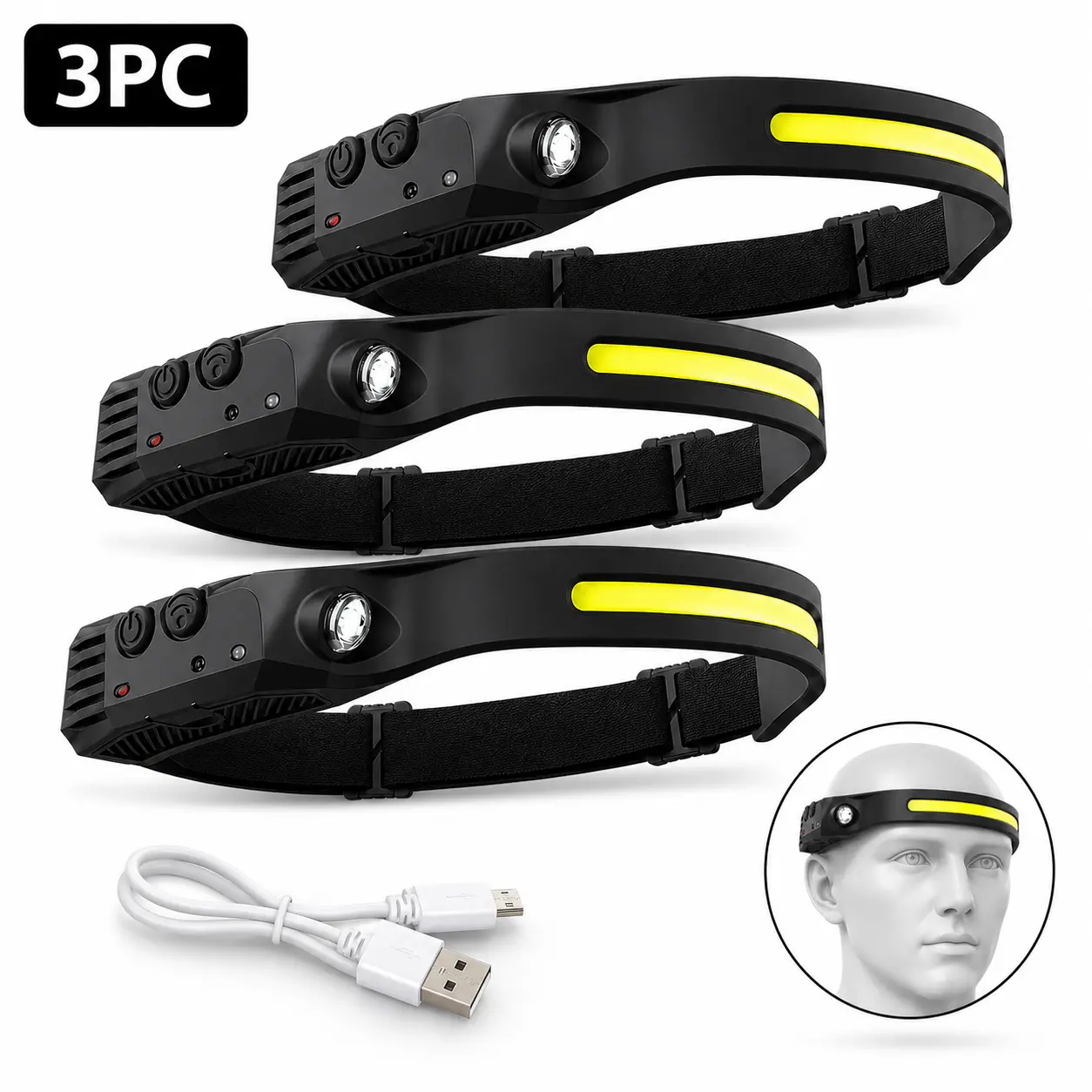 1/2/3 Pack COB LED Headlamp, USB Rechargeable Adjustable Elastic Headband Head Flashlight, Portable Hands Free Head Mounted Torch with Wide Beam Design, Lightweight Head Light for Night Running, Cycling, Camping, Fishing, Hiking, Household Maintenance,