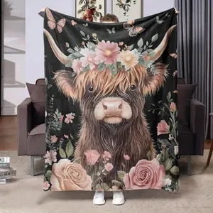 Cow Flower Print Blanket Soft Warm Throw for Home Office Travel Camping Gift for Man Woman Anti-Pilling Flannel Multifunctional Lightweight Easy Care
