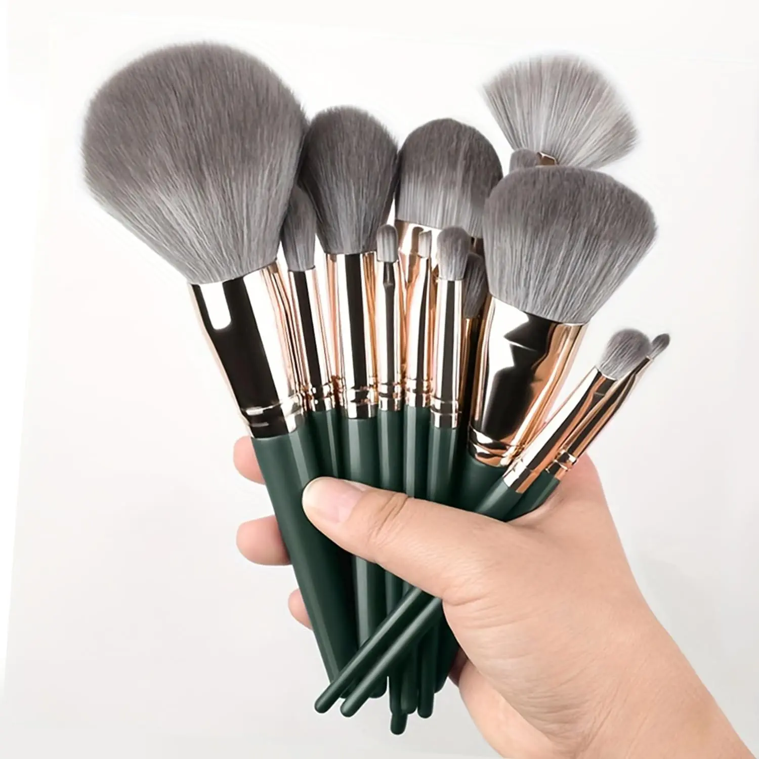 MIDEWQ Professional Beauty Brush Set, 14-Tool Set with Soft Hypoallergenic Synthetic Bristles for Face and Eyes, Green