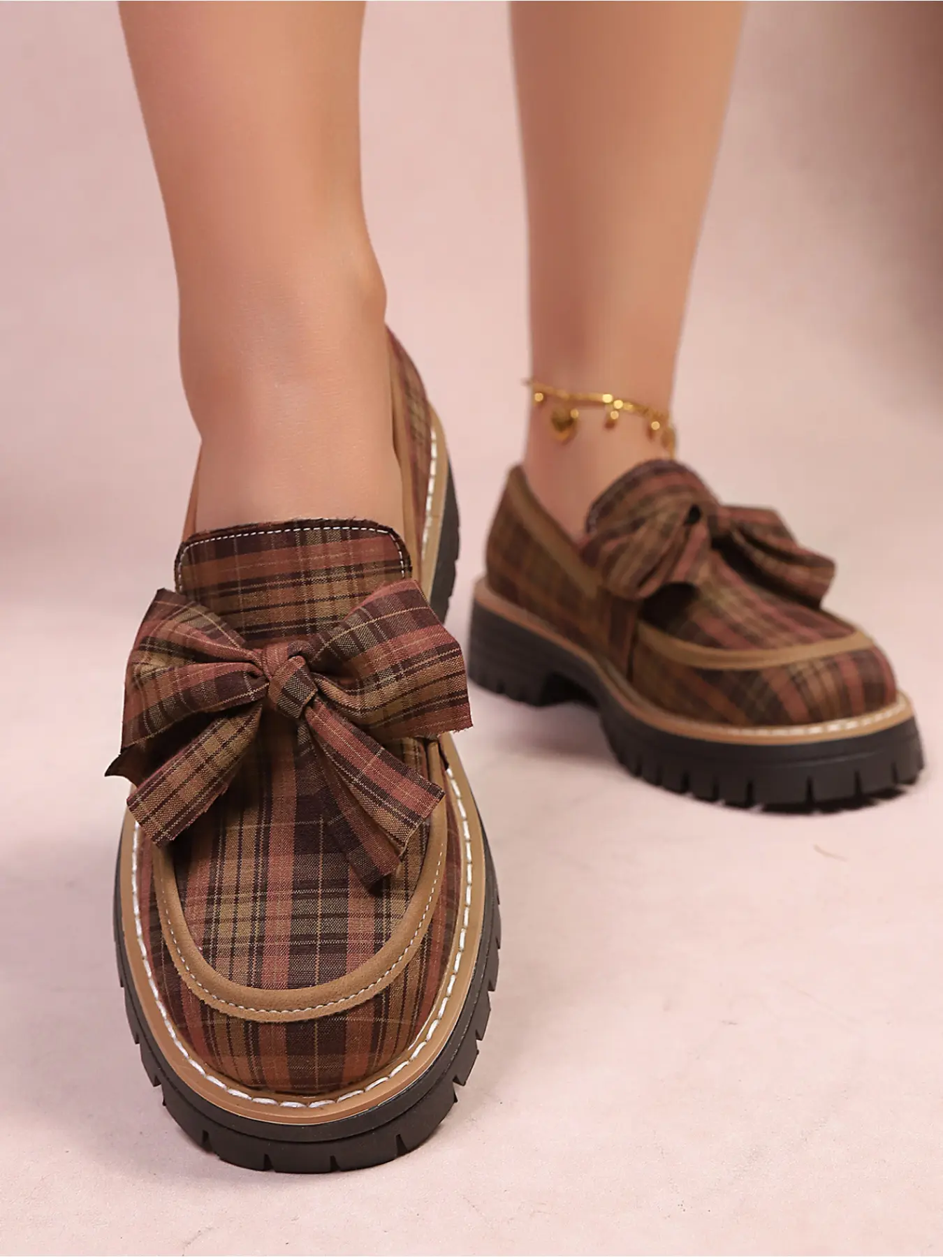 Women's Comfy Plaid Bow Platform Loafers, Chunky Slip-On Work Shoes