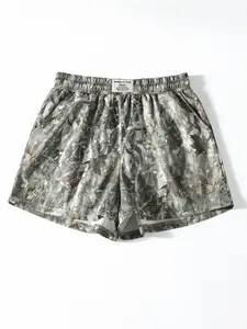 Vintage Street Withered Branch Camo Print Loose-Fit Gym Shorts, Casual All-Season Wear, Moderate Fabric Thickness, Kint Style, Athletic Shorts