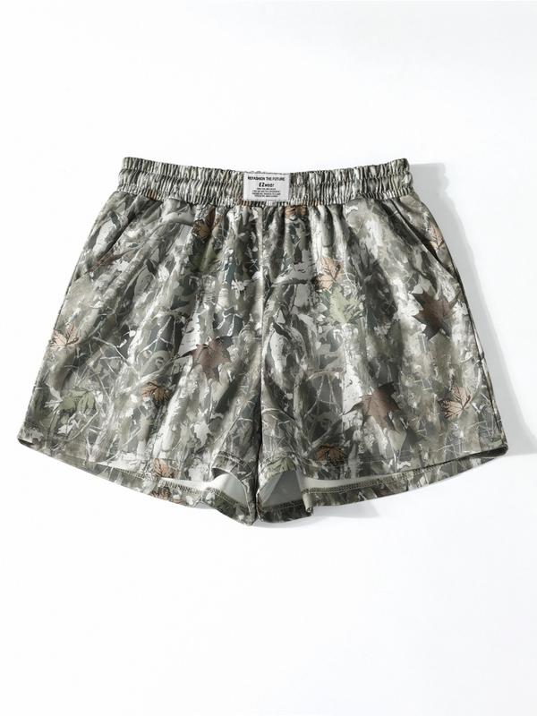 Vintage Street Withered Branch Camo Print Loose-Fit Gym Shorts, Casual All-Season Wear, Moderate Fabric Thickness, Kint Style, Athletic Shorts
