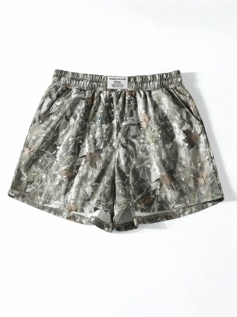 Vintage Street Withered Branch Camo Print Loose-Fit Gym Shorts, Casual All-Season Wear, Moderate Fabric Thickness, Kint Style, Athletic Shorts