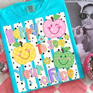 Comfort Colors No Glitter Happy To See Your Face Heritage Graphic Tee, Aesthetic Preppy Color Block Spirit Shirt, Radiant Striped Teacher Student School Top, Thoughtful Back To School Teacher Appreciation Gift Boutique Heritage Apparel