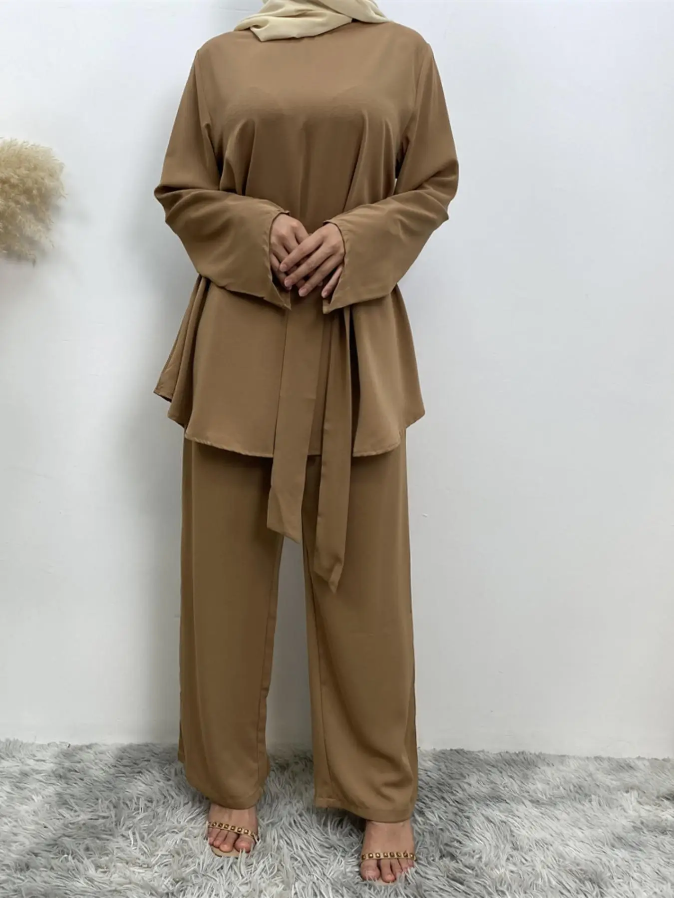 Women's Solid Long Sleeve Top with Belt & Pants Set, Casual Fashion Cozy Two-piece Outfits for Daily Wear, Ladies Clothes for All Seasons