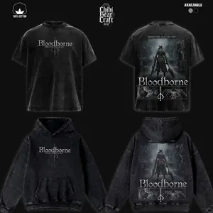 Bloodborne Shirt The Hunter Fear The Old Blood Vintage Washed Oversized Hoodie Soulsborne Gaming Graphic Tee Faded Gothic Dark Fantasy Streetwear Y2K Merch Gift For Game Fan