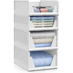 Sorbus Stackable Shelf Organizer - Set of 4 Small and Medium Plastic Baskets for Closet, Bathroom, Kitchen, Garage-White Bin Laundry