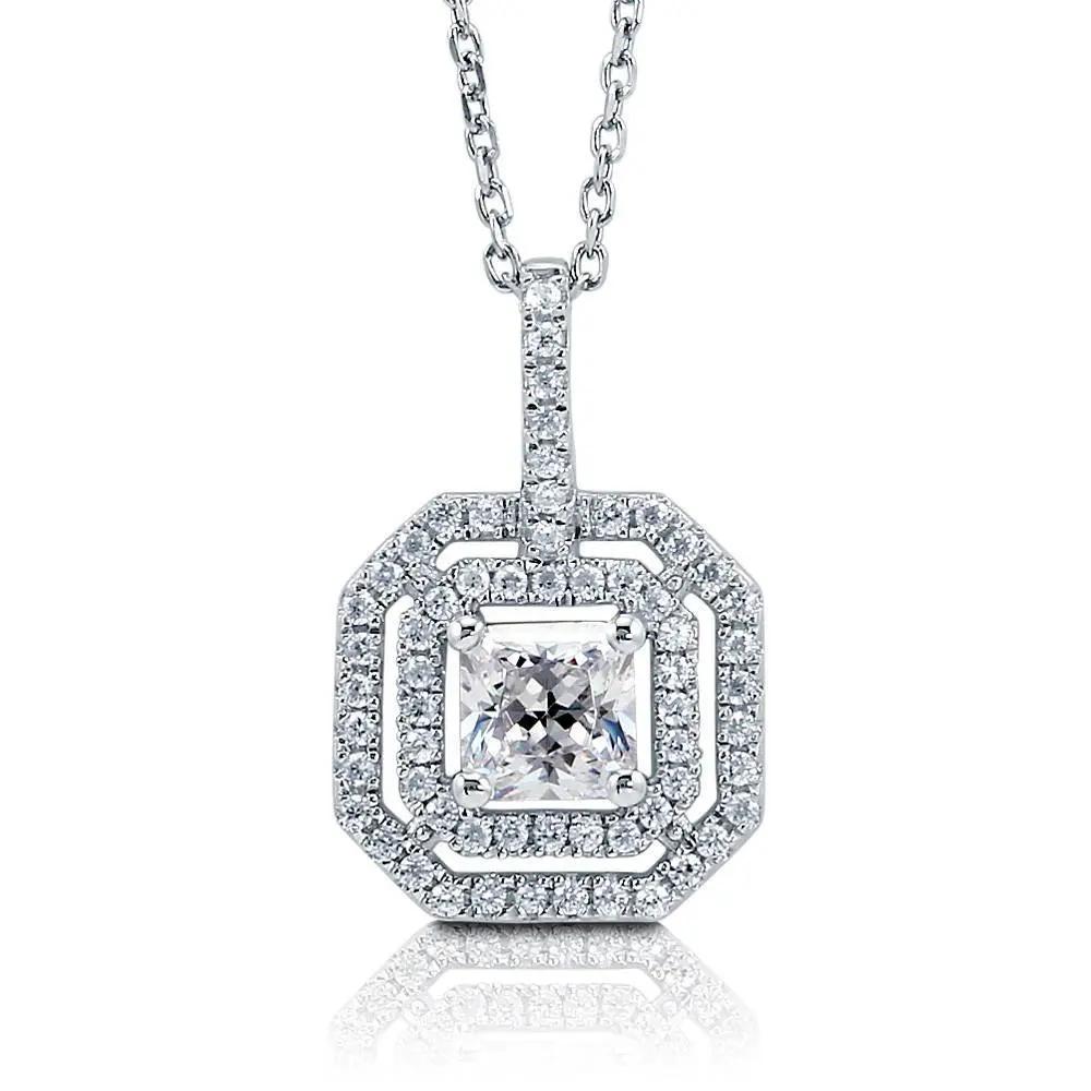 BERRICLE Sterling Silver Halo Pendant Necklace for Women, Princess Cut Cubic Zirconia CZ 18 inch