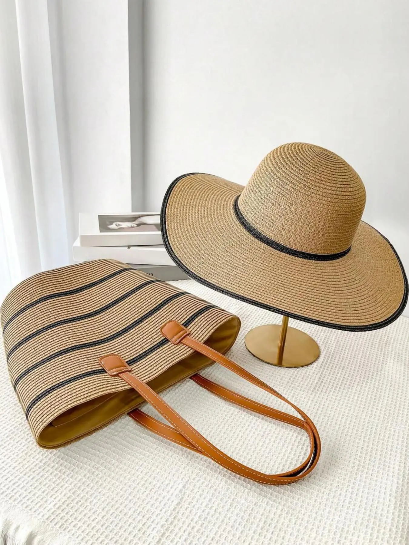Women's Striped Pattern Tote Bag & Sun Hat Set, Large Capacity Tote Bag & Versatile Handbag for Summer Excursions, Bohemian Straw Bag, Ideal Vacation Gift for Women