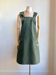 Army Green Cotton Canvas Hand-Embroidered Pinafore Apron