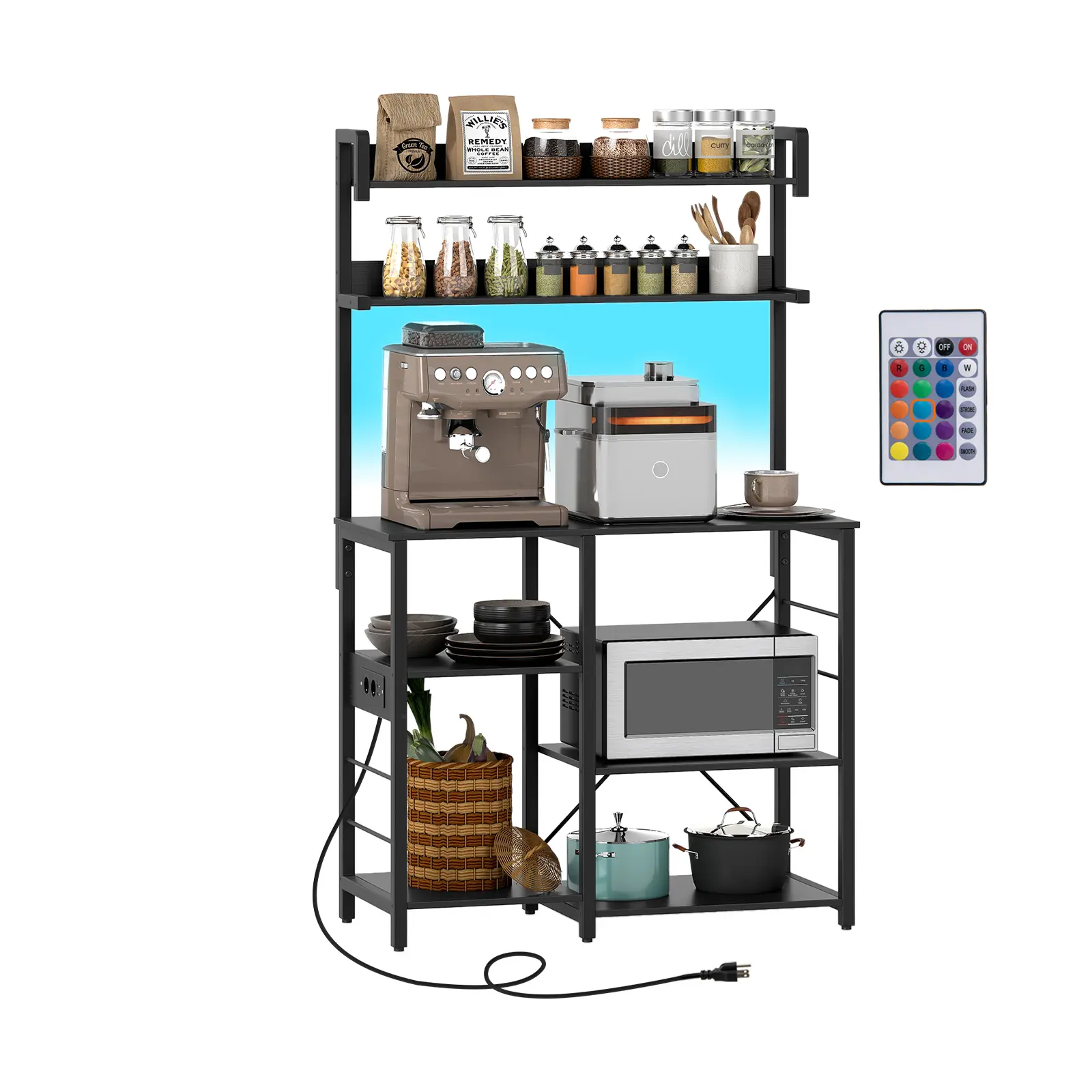 COSTWAY - Kitchen Bakers Rack with Power Outlet 5-Tier Microwave Oven Stand with LED Lights-Black