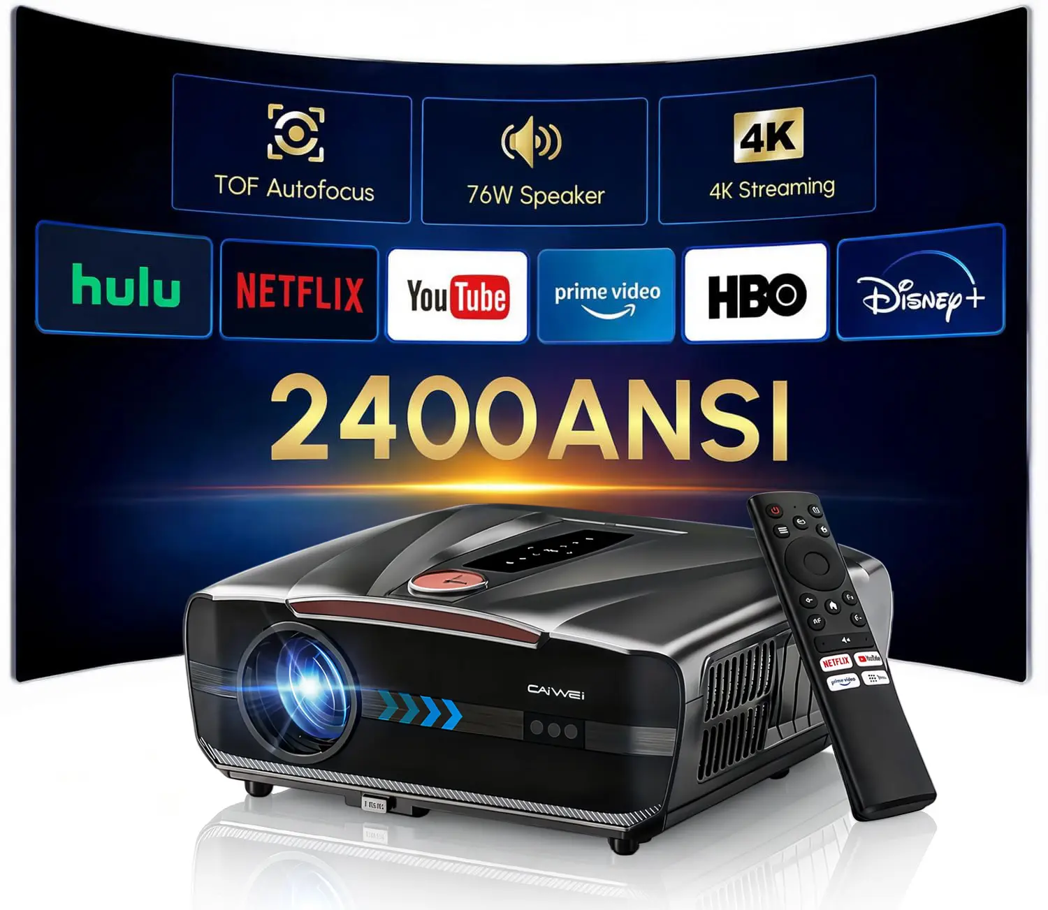 ZCGIOBN 2400 ANSI Bright 4K Ultra HD HDR10+ Smart Projector - 2026 Upgraded Auto Lens Cap, ToF Auto Focus, WiFi6, Bluetooth5.4, 40W Built-in Audio, HDMI eARC/CEC, 60Hz Extended Low Frequency, AI PQ Engine for Gaming, Home Theater Ceiling Use