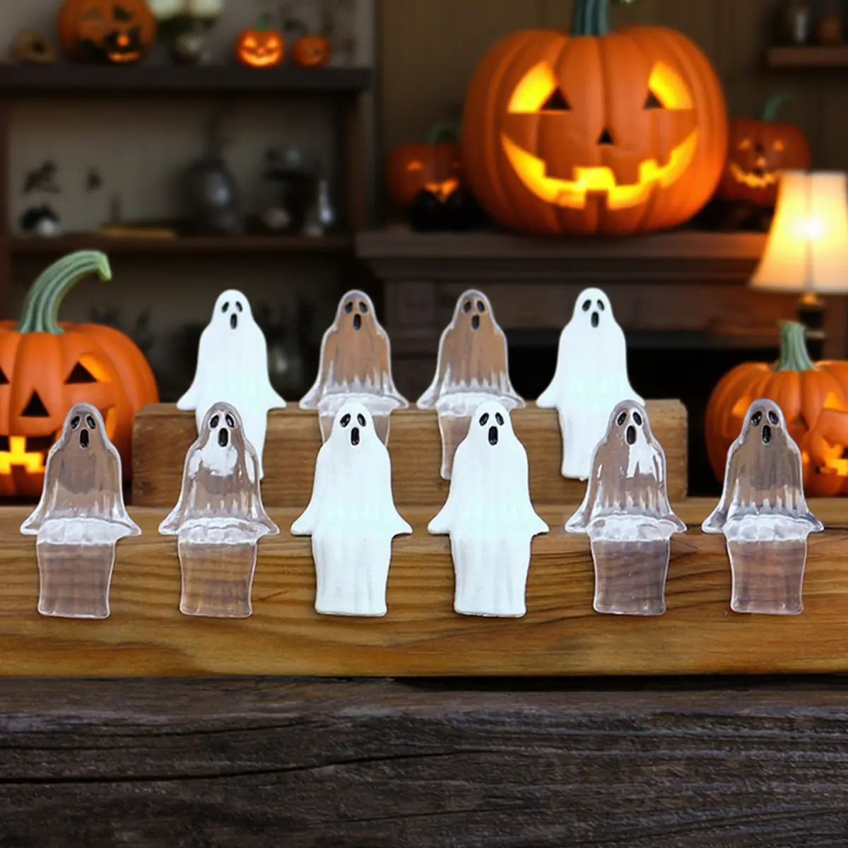 20pcs Cute Ghosts Set, & Transparent Plastic Garden Miniature Sculptures, Halloween Party Decorations, DIY Craft Supplies