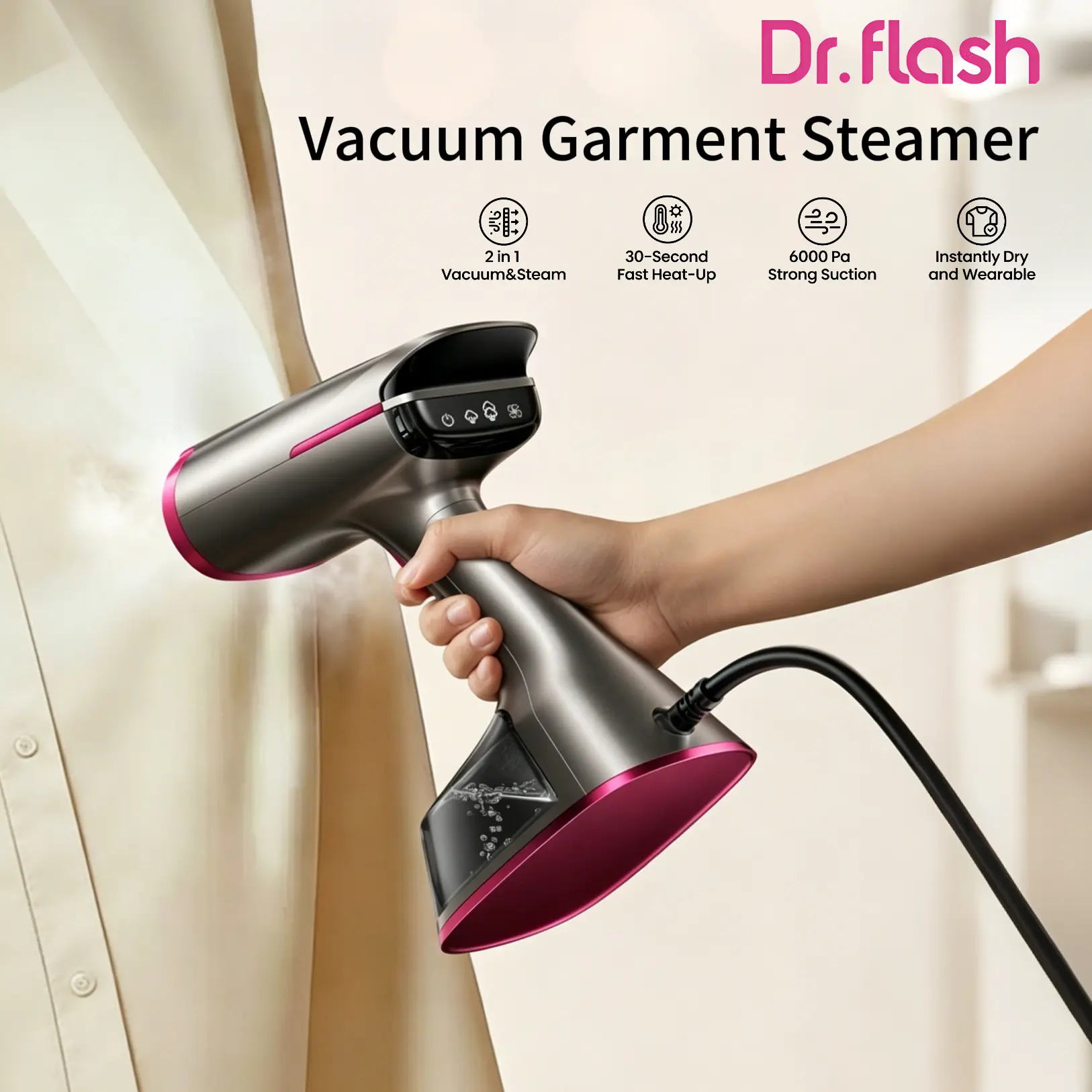 Dr.flash 1400W Vacuum Suction Garment Steamer, 2-in-1 Handheld Clothes Iron with 270ml Large Capacity, Portable Steamer with Big Ceramic Heating Panel for Home, Travel & Fabrics