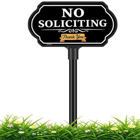 No Soliciting Sign for Home 10×5 Inch Aluminum Garden Sign with Adjustable 24-37 Inch Plastic Stake UV Printed Weatherproof Outdoor Sign for Lawn Driveway Front Door