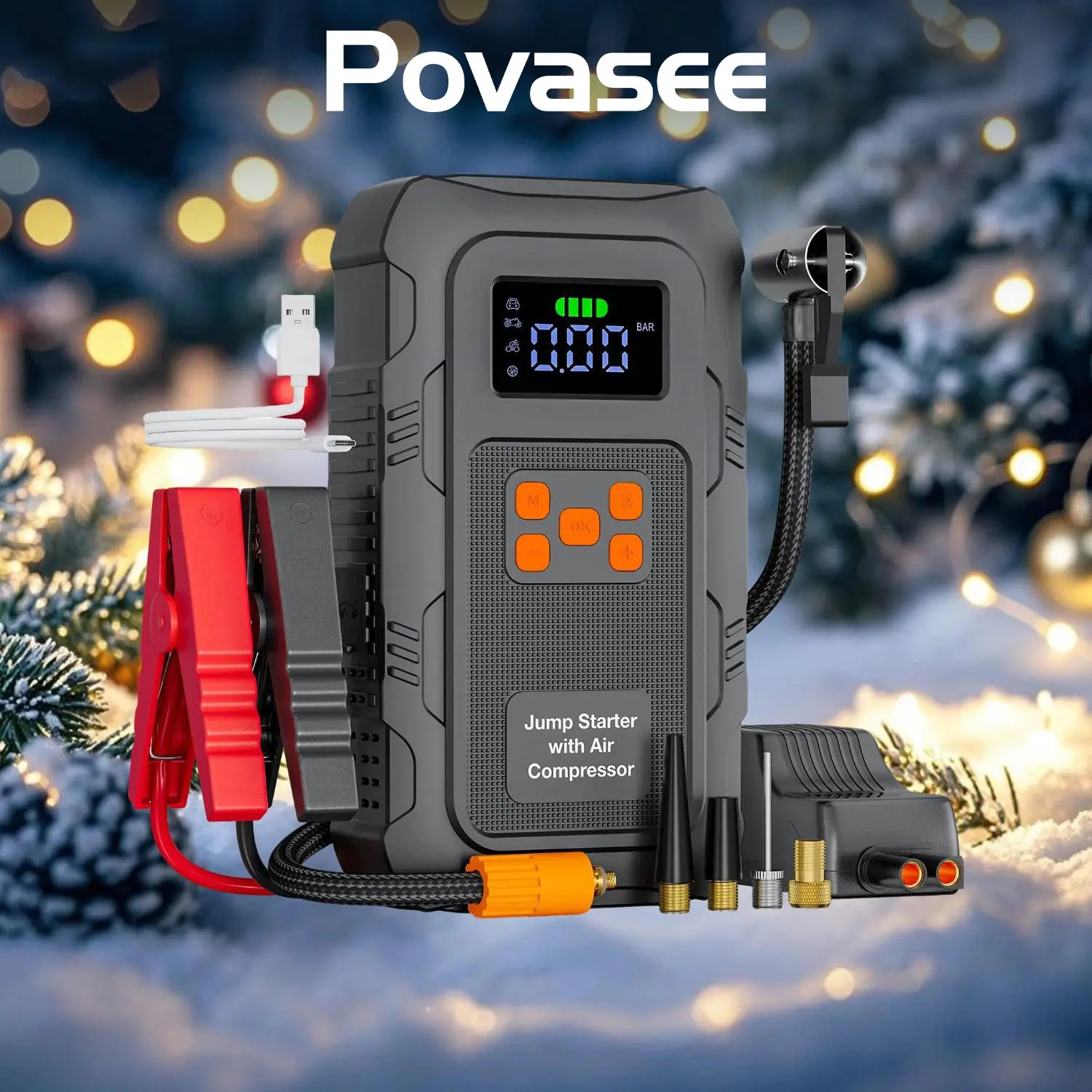 POVASEE  Jump Starter 6000A/24000mAh Portable 12V Power Bank with 150 PSI Air Compressor for Car Starting & Tire Inflation Smart LCD Display