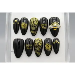 Queen Bee Nail Set - Black Base with Metallic Gold Designs & Rhinestone Bee Charms - Glamorous & Buzz-worthy Nails for Any Occasion handmade  press-on