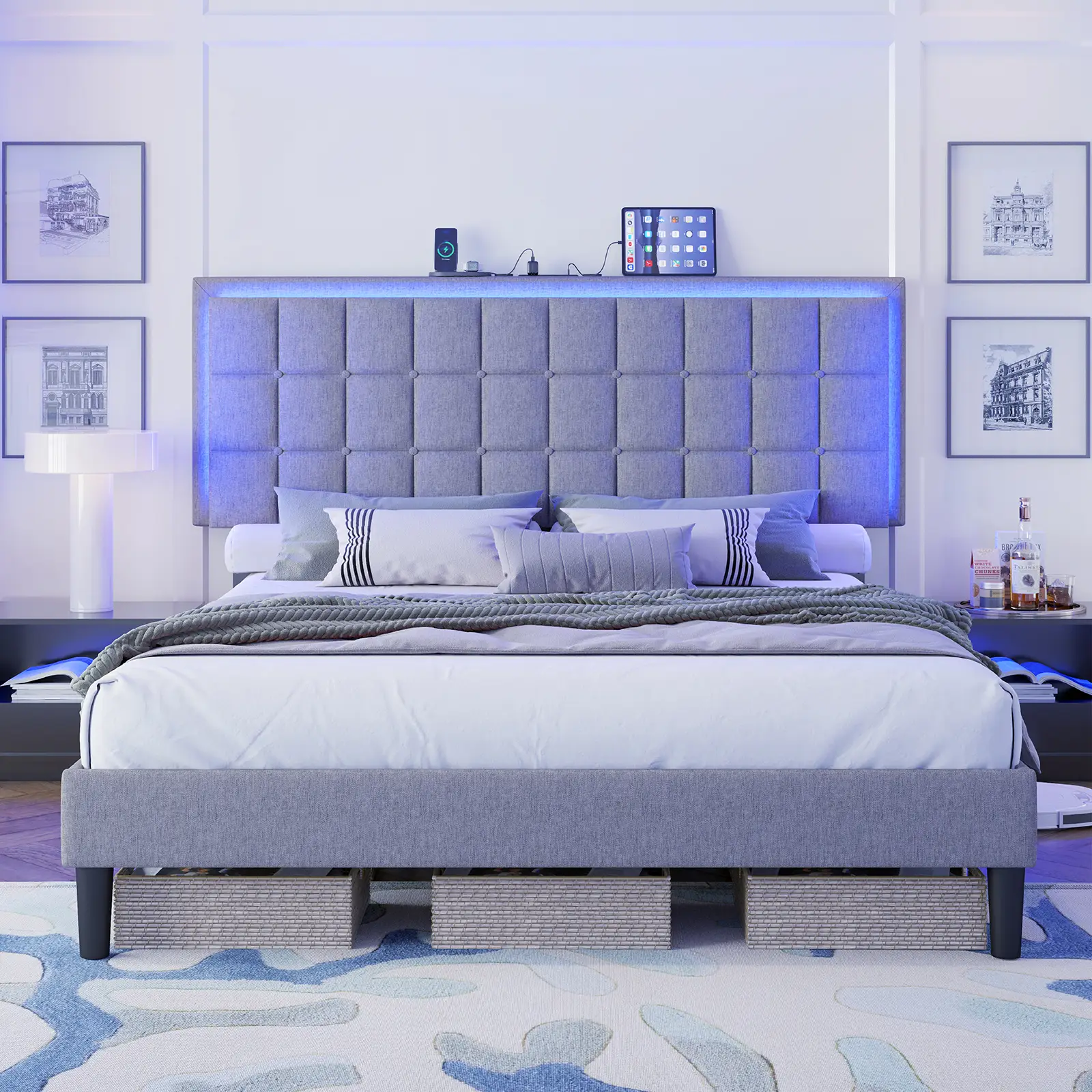 [Restock Sale] AMERLIFE Button Tufted Platform Bed Frame with LED Lights, Upholstered Bed Frame with Charging Station, Wood Slat Support, marco de cam