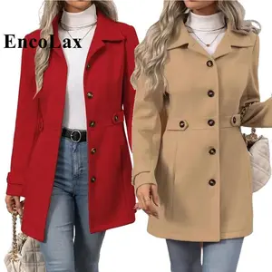 EncoLax Women’s Elegant Overcoat with Notched Shawl Collar, Single-Breasted Winter Long Coat