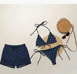 Sweetheart Vibes Navy Blue Couple Swimwear – Matching Bikini & Swim Shorts Set, Romantic His & Hers Beach Vacation Outfit