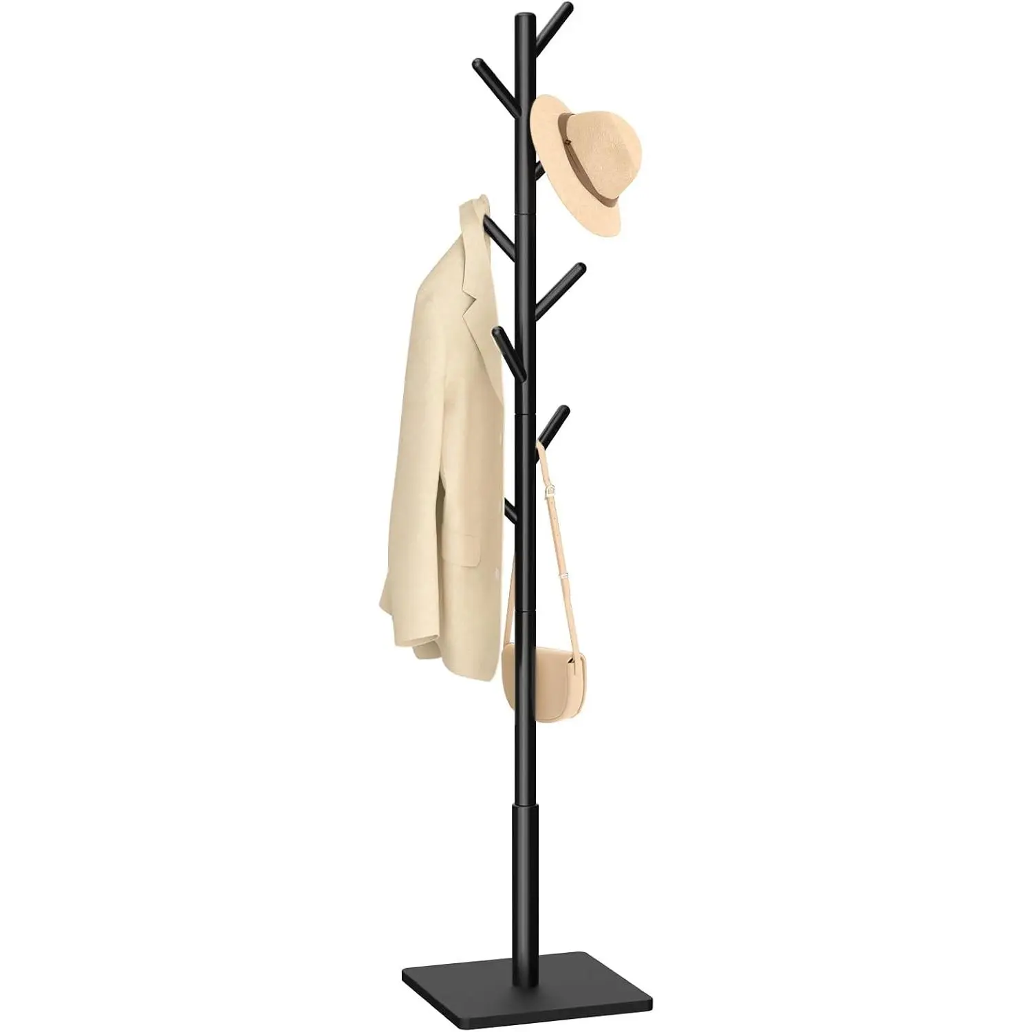 Coat Rack, Sturdy Woode Stand Tree with 8 Hooks, 3 Adjustable Height for Bedroom, Hallway, Entrance, Office, 11.8 x 70.8 inches, Black, 1-Pack, Square Base