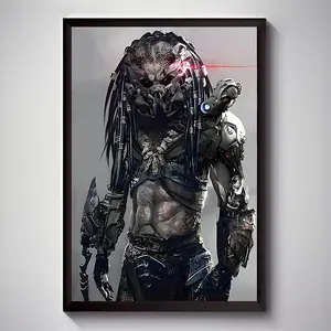 1 Piece Wooden Frame Sci-Fi Alien Warrior Canvas Print - Futuristic Predator Creature Artistic Wall Art, Modern Dark Gray and Metal Armor Design, Living Room, Bedroom, Office Decoration Waterproof Poster, Perfect Gift for Movie Fans, Space Room Decoration