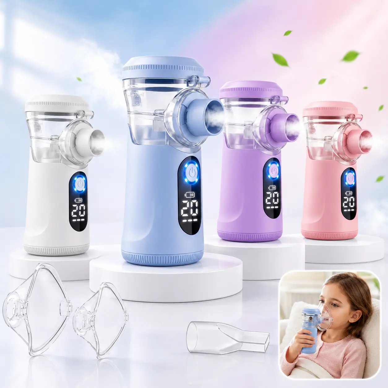 Portable Mesh Nebulizer - Smart Digital Display, Handheld Type-C Rechargeable, 1-Button Control, Auto-Cleaning, Adult & Child Masks, Mouthpiece, Quiet Compact, Multiple Colors for Home & Travel