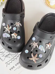 14pcs Shoe Decoration DIY Charms, Shiny Fashion Shell Star Coconut Tree, Colorful Geometric Slippers Decorations, Eva Beach Shoes Accessories