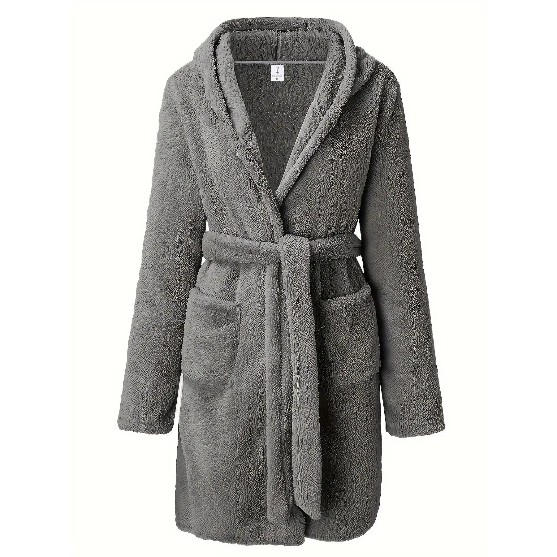 Men's Gray Plain Coral Fleece Hooded Fuzzy Bathrobe, Fitted, Masculine, Warm, Soft, Skin-Friendly, Home Leisure Style Loungewear, Sleeping Clothes, Essential for Men, Warmth After Bathing, and Bedroom Relaxation
