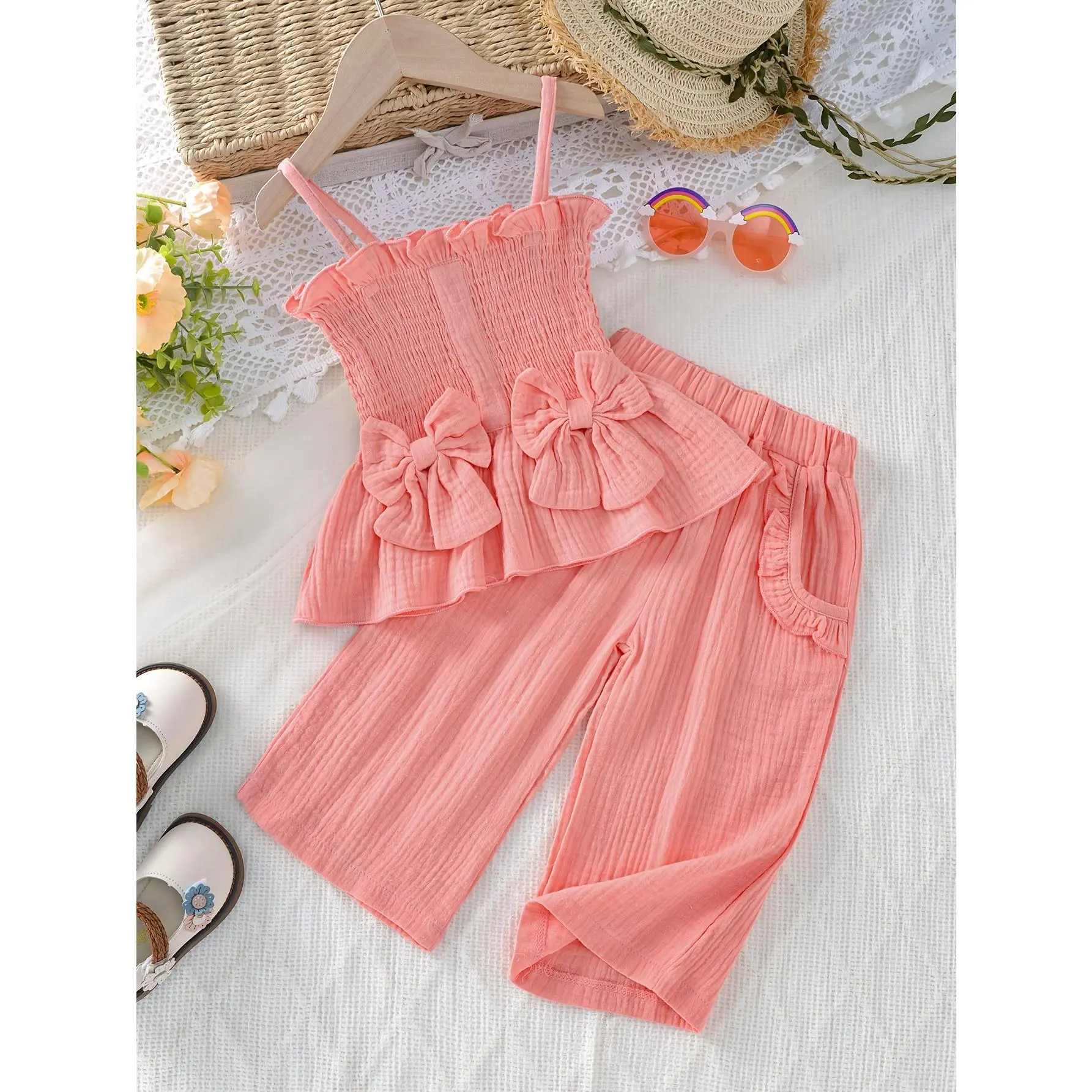 Girls' 2-Piece Polyester Outfit - Spring Summer Sleeveless Ruffled Top, Matching Pants - 0-3 Years Old, Regular Fit, Slight Stretch, Cute Look, Outdoor Wear