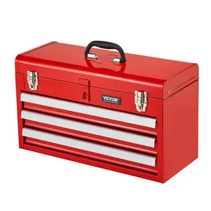 VEVOR Metal Tool Box, 20.5-inch, Portable Metal Tool Box with 3 Drawers, Small Tool Chest with EVA Liners, Ball Bearing Slide Drawers Locking & Powder Coated Finish, Multi-Function Tool Organizer, Red