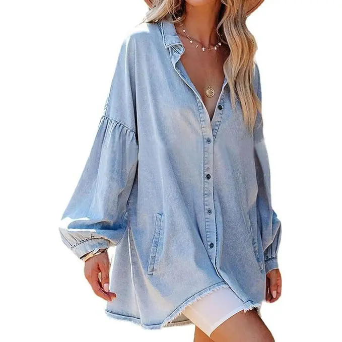 Loveimgs Women's Distressed Loose Denim Mini Skirt — Shirt Dress Style with Pockets