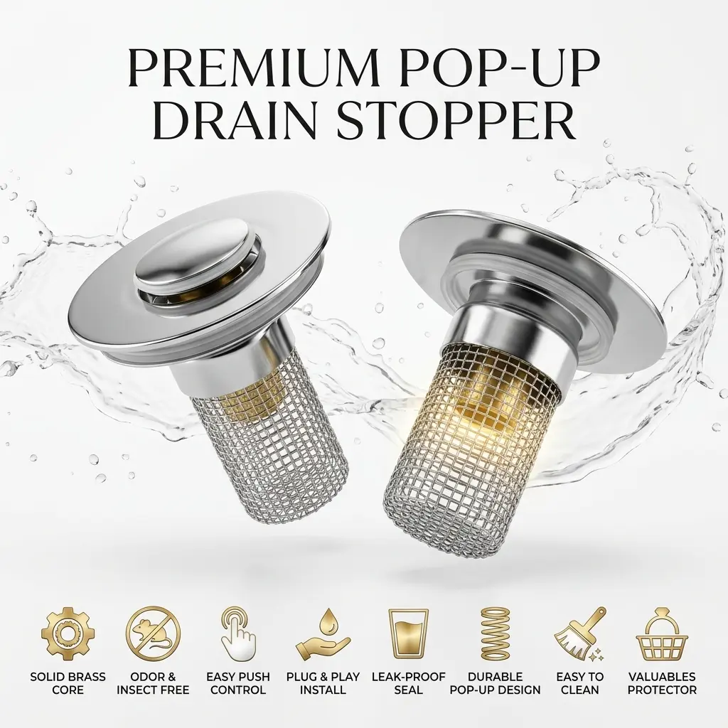 Universal Durable Bathroom Sink Pop-Up Drain Stopper with Brass Core, Anti-Clogging Filter, Thick Silicone Seal, Easy to Install No Tools Needed.（1PACK/2PACK)） solid