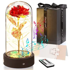 Glass and Wood Rose Music Box with LED Lights Rotating Forever Rose Flower for Mom Her Wife Girlfriend Valentine's Day Wedding Christmas Anniversary Presents Mother's Day Gift