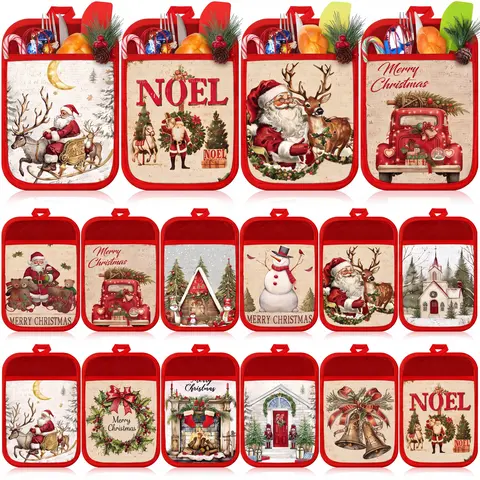 12 Pcs Christmas Kitchen Gifts Christmas Pot Holders with Pockets for Teachers Coworkers Family Mini Burr Basket, Heat-Resistant Reusable Oven Insulation Pads for Bakeware Baking Cooking Kitchen Essentials Bakeware Kitchen Decor