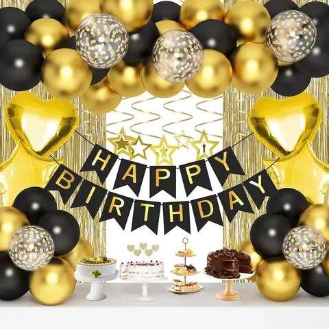 Perfect Black Gold Party Decorations Kit - Polka Dot Balloon Sets, Birthday Banner, Fringe Curtains, Hanging Swirls, Cake Toppers, Lights, Female-Targeted Gifts for Daughter’s Birthday & Baby Shower (All Seasons)